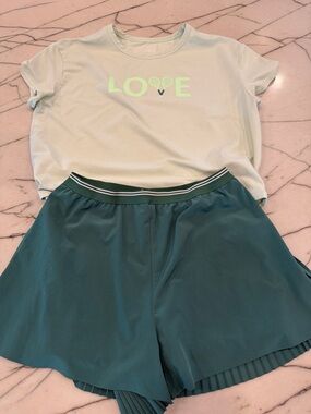 Athleta Girl Mint Green 'LOVE' Tee and Teal Green Athletic Shorts Set